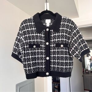 H&M Textured Black & White Knit Collared Cardigan- Size L